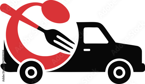 Food delivery truck icon with plate fork and spoon logo vector graphic element