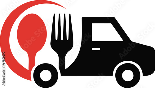 Food delivery truck icon with spoon and fork graphic symbol for restaurant online ordering services