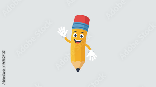 Cute cartoon pencil character with a friendly smiling face and waving hand on a plain background.