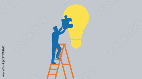A person on a ladder placing a puzzle piece into a lightbulb, symbolizing problem-solving, innovation, and idea generation.