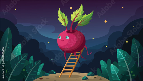 Whimsical radish creature climbing a ladder under a starry twilight cute flat-style illustration, playful night scene