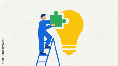 A person on a ladder placing a puzzle piece into a lightbulb, symbolizing problem-solving and innovation.