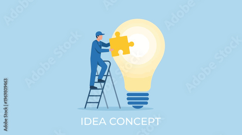 A person on a ladder completes a glowing light bulb with a puzzle piece, symbolizing the development and completion of a new idea or concept.