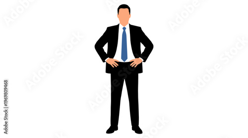 Full-body illustration of a confident businessman in a black suit and blue tie, standing with hands on hips.