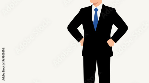 A man in a black suit and blue tie stands confidently with hands on hips, a professional and assertive pose.