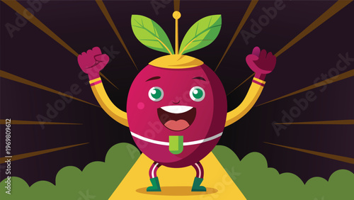 A joyous, anthropomorphic beet with rosy cheeks and bright green leaves, wearing a golden crown and purple gloves, strikes a celebratory pose with arms raised in a spotlight, promoting healthy eating