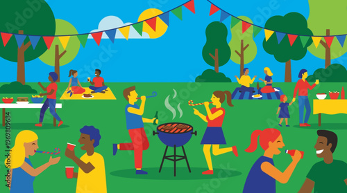 A lively outdoor summer party with diverse people enjoying a barbecue and picnic under colorful bunting in a park.