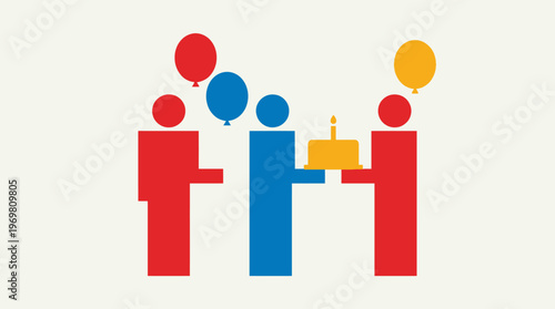 Three stylized figures celebrating with a birthday cake and balloons, representing a party or special event.