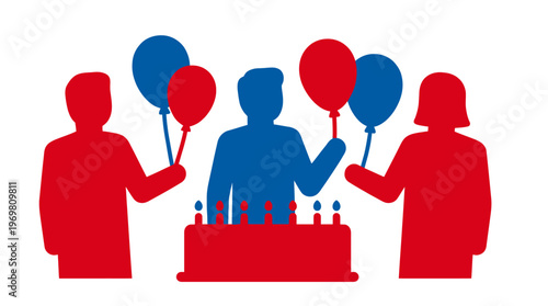 Stylized illustration of three people celebrating a birthday party with a cake and balloons.