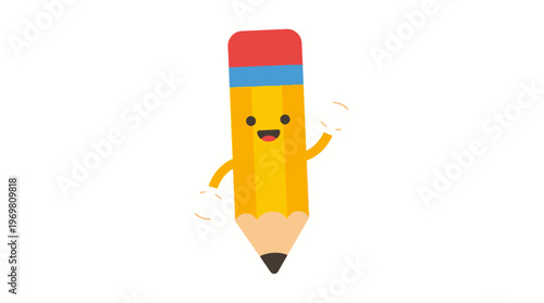 A cheerful cartoon yellow pencil with a red eraser and blue band, featuring a happy face and waving arms, isolated on a white background.