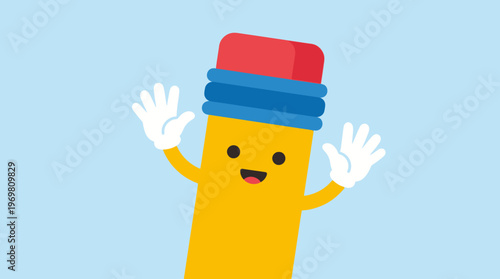 Happy cartoon pencil character with a red eraser and blue band, waving its hands on a light blue background.