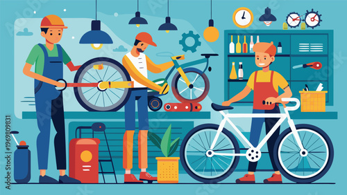 A masked delivery cyclist, wearing a yellow shirt and overalls, rides a bicycle in a city setting, while a masked woman stands nearby, illustrating urban transport and safety measures