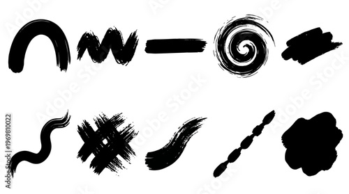 Collection of diverse black brush strokes and ink textures on a white background, featuring various artistic shapes and grunge elements for design.