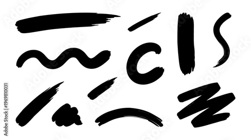 A collection of various hand-drawn black ink brush strokes and grunge elements on a clean white background, suitable for design and artistic projects.