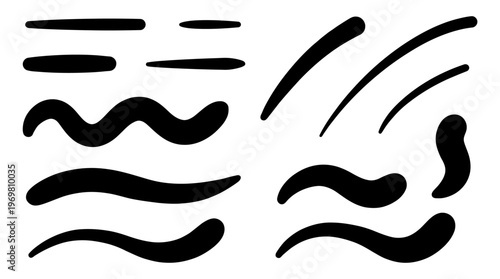 Collection of various hand-drawn black lines, underlines, and decorative strokes on a white background, suitable for graphic design elements and accents.
