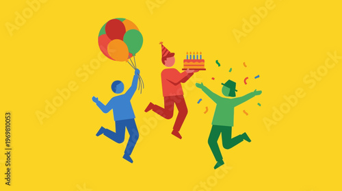 Three colorful stylized figures celebrating a birthday party with balloons, cake, and confetti on a vibrant yellow background.