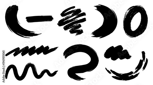 A diverse collection of black ink brush strokes and grunge textures, offering various artistic and hand-drawn design elements on a white background.