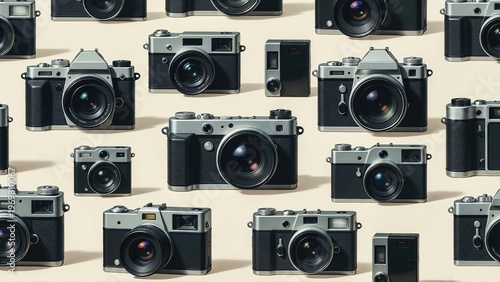 Collection of classic retro film cameras arranged on a light cream