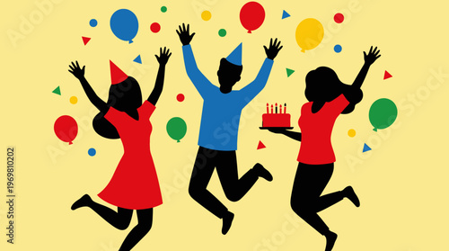 Three silhouetted people celebrating a birthday party with balloons, confetti, and a cake on a yellow background.