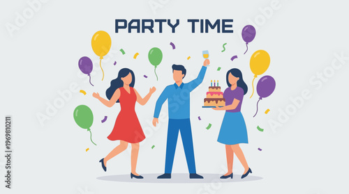 Принти на полотні Three happy friends celebrating a party with balloons, confetti, a birthday cake, and drinks, enjoying a festive time together