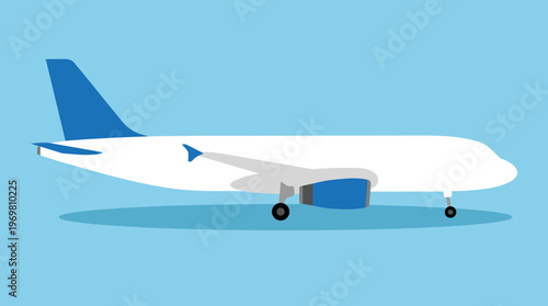 A side view illustration of a white passenger airplane with blue tail and engine on a light blue background, depicting air travel.