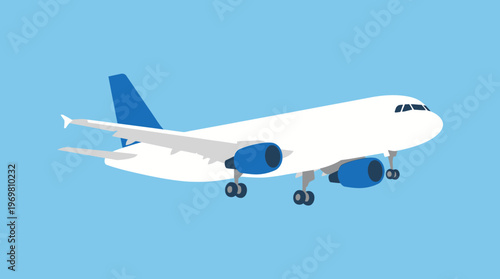 A clean, minimalist vector illustration of a white passenger airplane with blue engines and tail fin, flying against a clear blue sky with its landing gear extended.