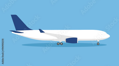 Flat design illustration of a white commercial airplane with blue tail and engine nacelles against a light blue sky background, viewed from the side.