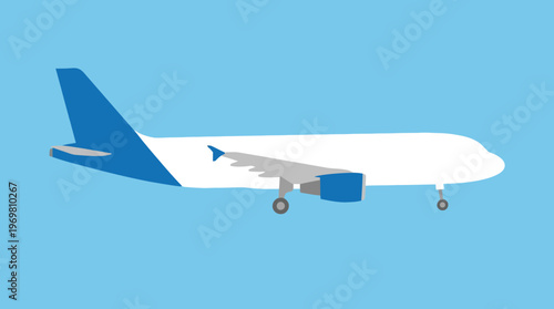 Simple vector illustration of a commercial passenger airplane with blue tail and engine on a light blue background, viewed from the side with landing gear down.