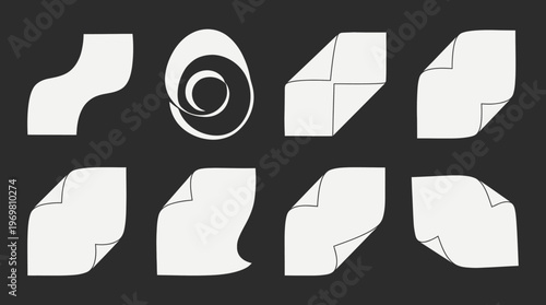 A collection of eight white paper shapes and icons with various folds, curls, and abstract designs on a dark background.