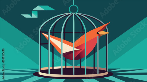 A stylized orange bird with a red beak is trapped inside a white birdcage, while origami birds fly freely outside, symbolizing freedom versus confinement and artistic expression