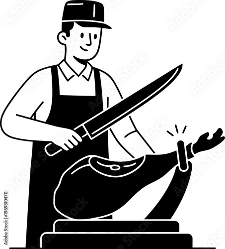 Male butcher slicing traditional spanish cured ham on stand. Food service, restaurant, gastronomy, and culinary concept. Black and white vector illustration