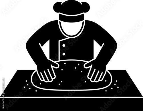 Chef man kneading dough on a table for bakery, cooking, and food preparation. Monochrome vector icon illustration
