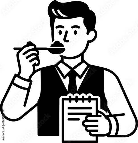 Man tasting food with a spoon and holding a clipboard. Review and feedback concept. Minimalist line art vector icon for restaurant menu, cooking blog