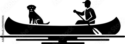 Man with paddle, dog in canoe. Water sport, boat trip, animal friend, leisure activity concept. Vector illustration, flat icon