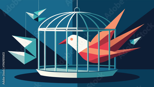 A stylized orange bird with a red beak is trapped inside a white birdcage, while origami birds fly freely outside, symbolizing freedom versus confinement and artistic expression