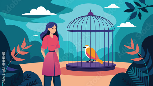 A woman stands beside a birdcage containing a single yellow bird, contemplating freedom and captivity amidst a stylized natural landscape with abstract foliage and a cloudy sky