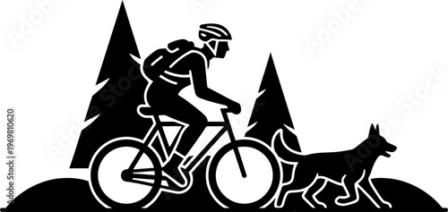 Man on bicycle with dog on mountain path with tree. Active lifestyle and outdoor adventure concept. Sport activity vector illustration