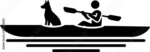 Man in kayak with dog on water. Activity, sport and hobby with pet. Flat icon for app, website, travel agency. Black and white vector illustration