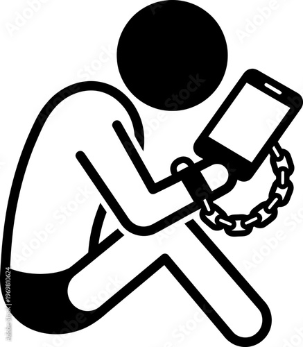 Man addicted to smartphone, concept of social media addiction, digital dependence, and technology control. Vector icon