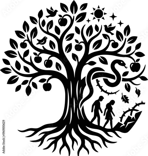 Tree of life with adam and eve, a snake, sun, and birds. Creation story and wisdom concept. Vector illustration for emblem, logo, tattoo