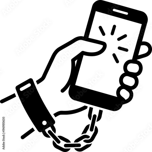 Hand handcuffed to a smartphone, depicting digital addiction or internet dependence. Vector illustration for conceptual design.
