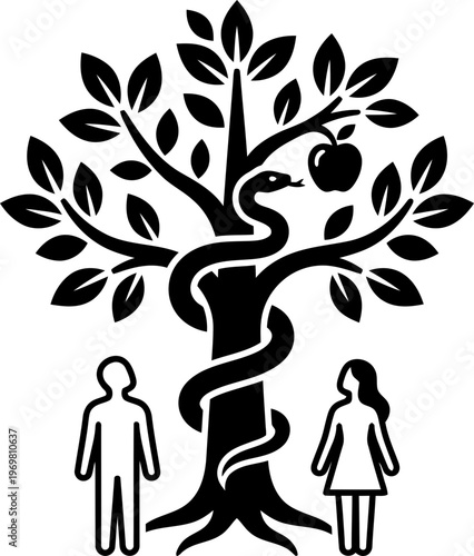 Tree of knowledge with snake, apple, man, and woman. biblical story of original sin. Vector illustration for religious concept, symbol
