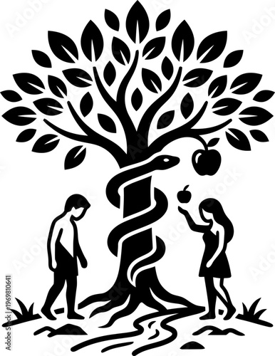 Adam and eve with a serpent on an apple tree. Christianity bible story. Vector illustration for design, card