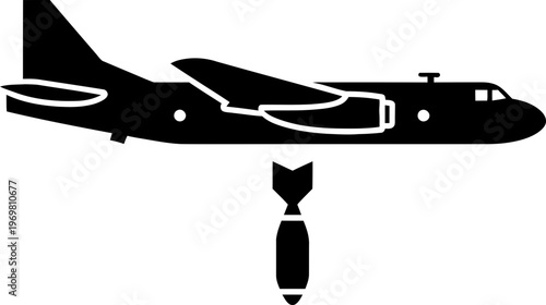 Military plane dropping bomb, conflict and war concept. Black and white graphic symbol, vector icon for application or web design