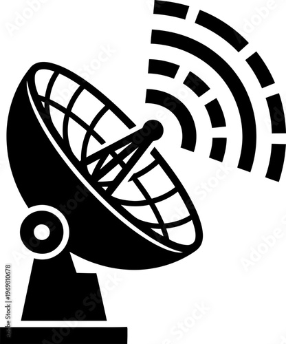 Black satellite dish icon emitting signal. Television antenna, wireless communication, and broadcast technology symbol. Vector illustration for web, app, ui