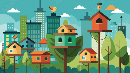 A charming cityscape filled with colorful, whimsical birdhouses, each occupied by a different bird, set against a backdrop of green trees, blue skies, and distant buildings