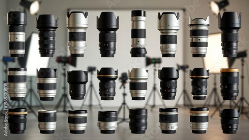Diverse collection of camera lenses displayed in a photography studio