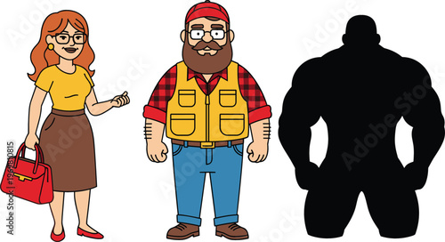 Cartoon characters set featuring woman with handbag, bearded worker in construction vest, and muscular body silhouette isolated vector illustration