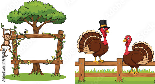 Cartoon turkey birds standing on wooden fence with monkey jungle signboard frame and tree nature scene vector illustration set