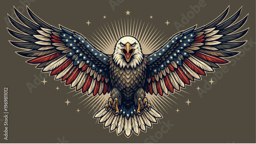 American Bald Eagle Vector with USA Flag Wings and Sunburst Background, Patriotic Symbol for United States Independence and Freedom